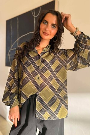 Ainsley Plaid Chiffon Blouse Olive